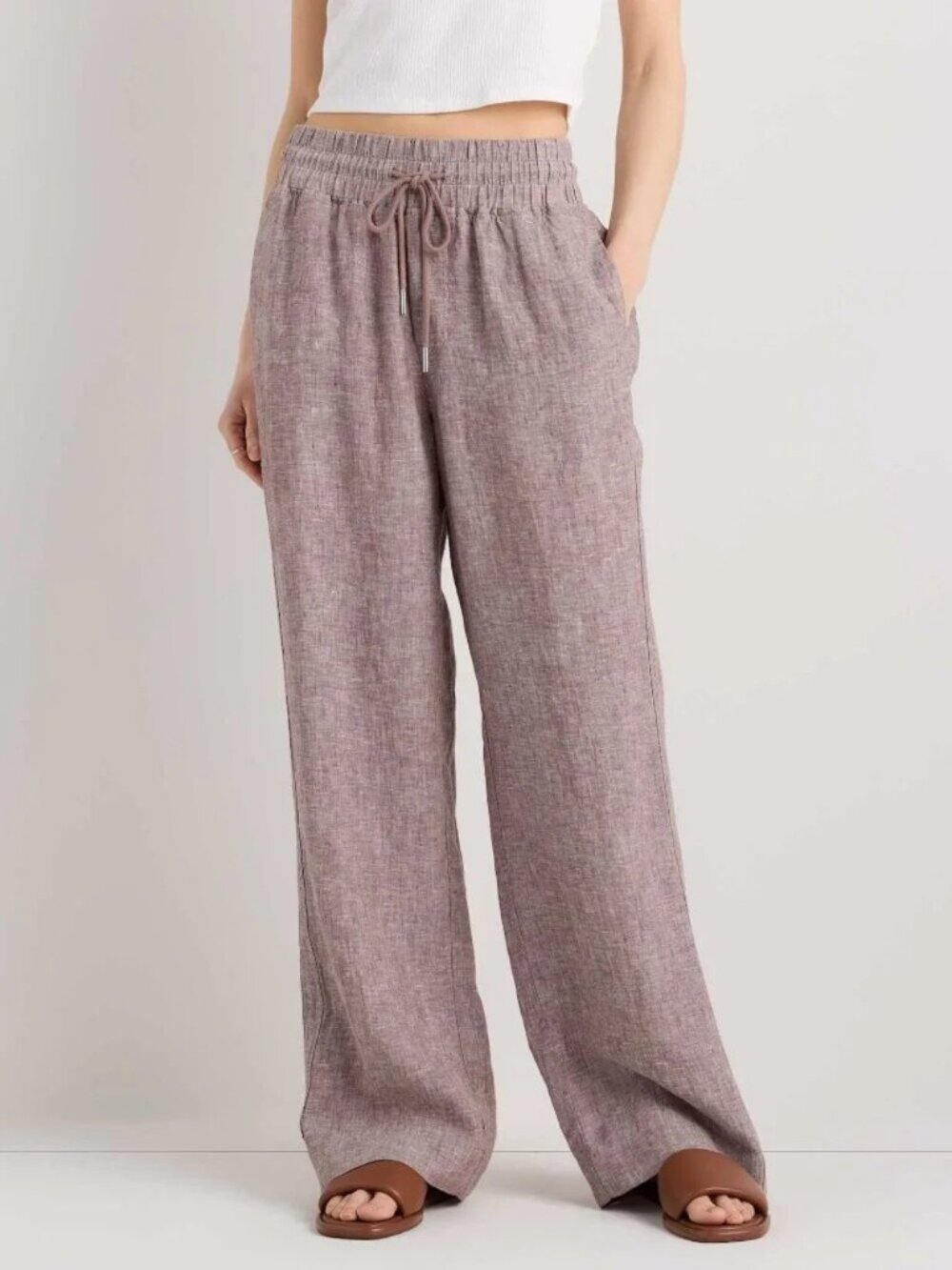 Quince 100% European Linen Wide Leg Pant Lagenlook Taupe Brown Chambray XL-Short